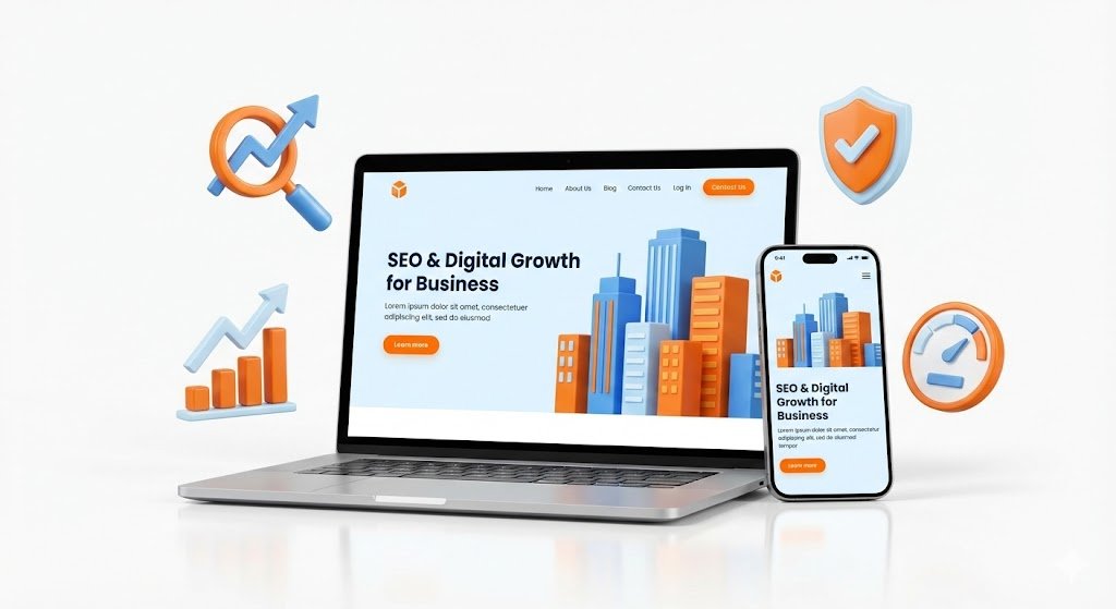 Mockup website doanh nghiệp chuẩn SEO hiển thị trên laptop và smartphone, giao diện hiện đại, chuyên nghiệp, tối ưu UX/UI và bảo mật.